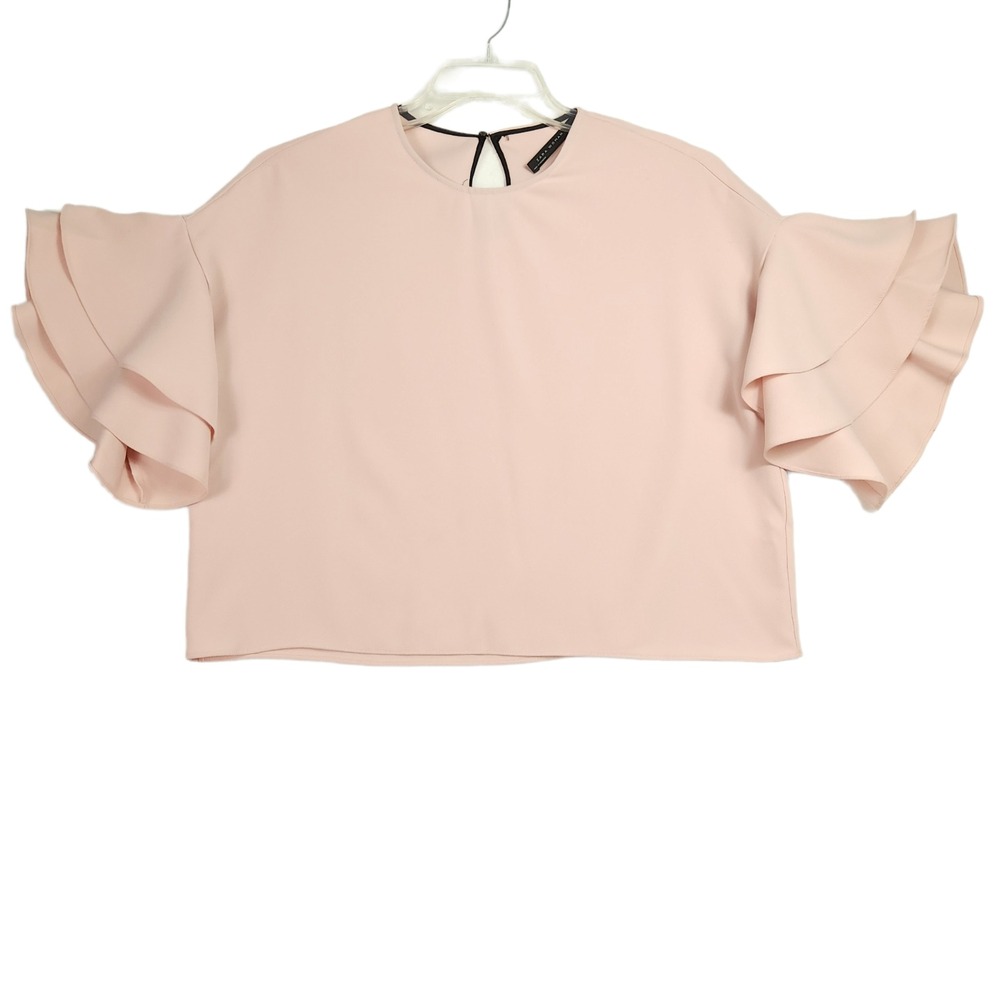 Zara Top Womens M Blush Pink Cropped Ruffle Flutter Sleeve Classic Retro Glam